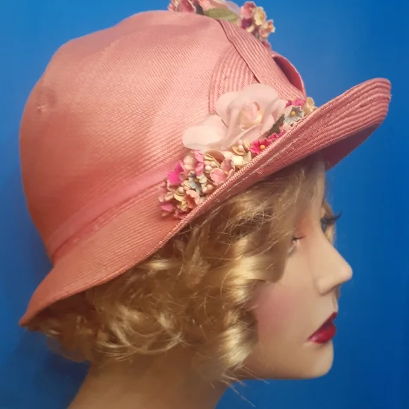 Vintage Jack McConnell Boutique Pink Cloche Velveteen Floral Hat Vintage Wide Brim Floral Straw Hat by Jack Mcconnell, 1960s  main image 3